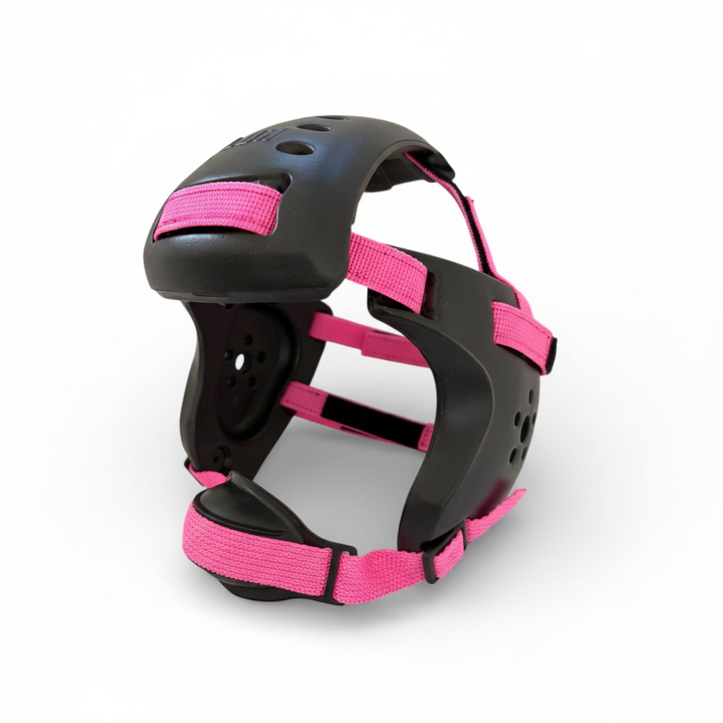 Enhanced wrestling headgear with pink straps
